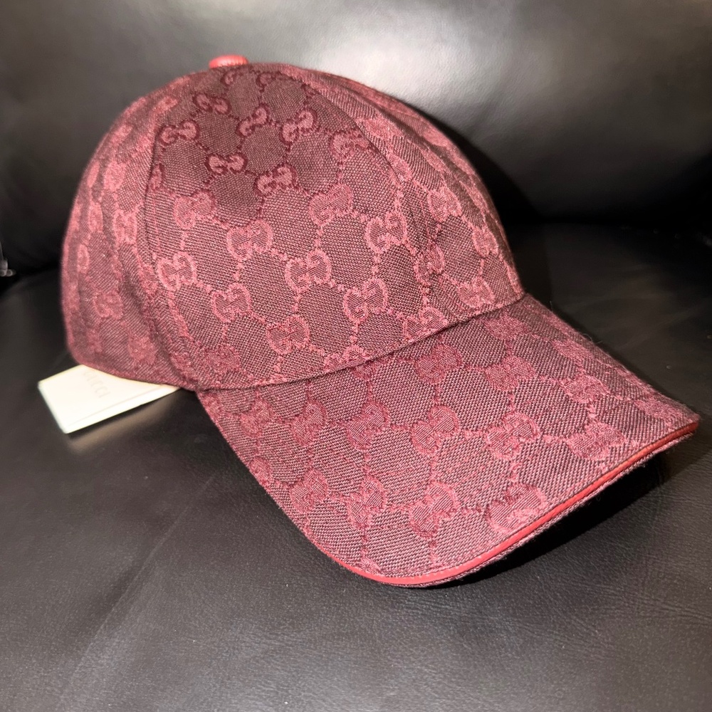 UNISEX GUCCI GG MONOGRAM CANVAS BASEBALL CAP BURGUNDY ADJUSTABLE HAT - Picture 2 of 7